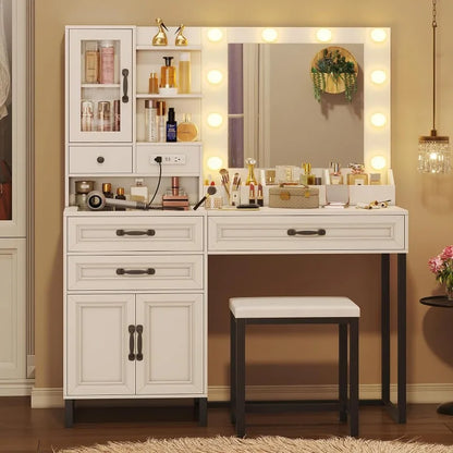 Makeup Vanity Desk with Mirror, Lights, Charging Station & Stool