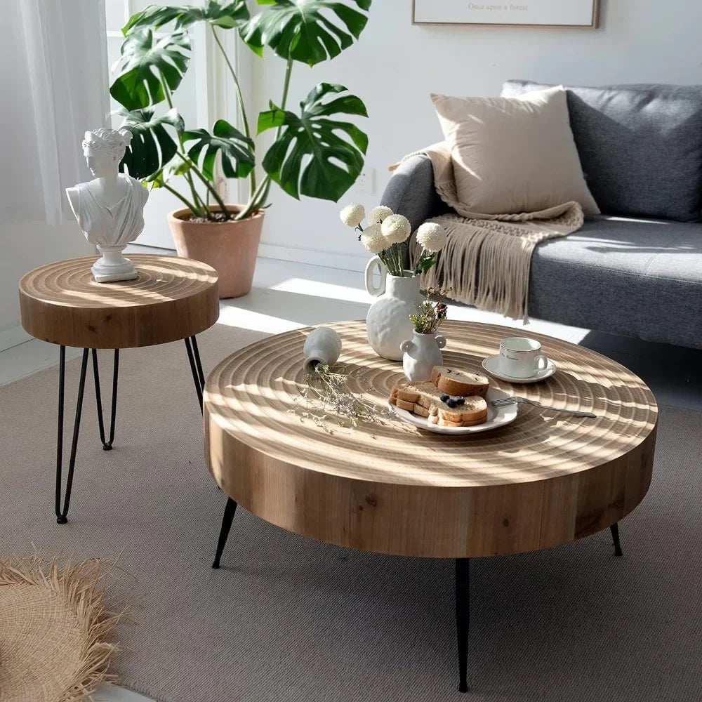 Modern Farmhouse Coffee Table Set: Nesting, Round, Natural Finish, Handcrafted Wood Ring Motif