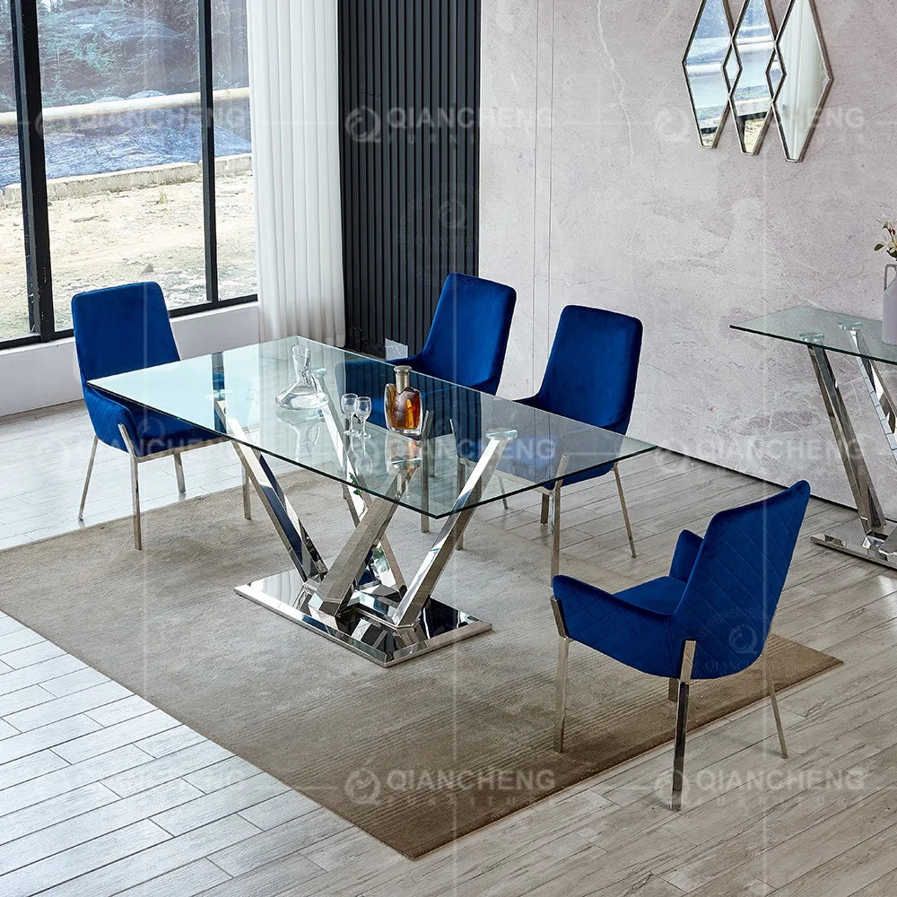 Modern Gold Glass Dining Table Set: 8-Seater Luxury with Chairs