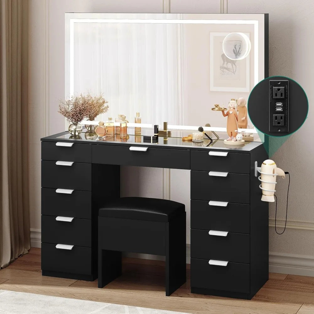 Makeup Vanity Set with LED Mirror, Power Outlet, 11 Drawers & Magnifying Glass