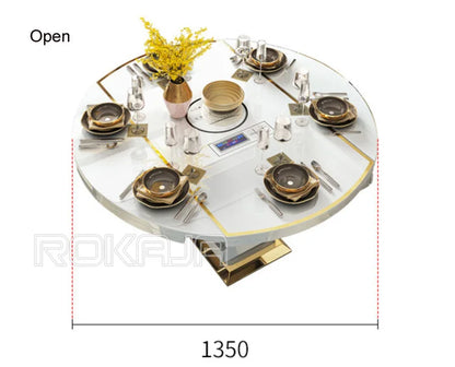 Luxury Extendable Dining Table: Storage, Induction Cooker, Tempered Glass, Round/Rectangle Set