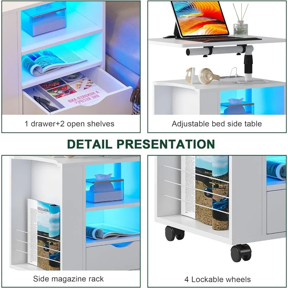 LED Nightstand: White with Wireless Charging, Adjustable Rotary Table