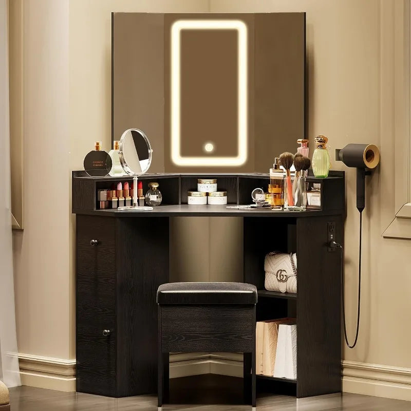 Corner Vanity Desk Set with 3-Folding Mirrors, Charging Station & Shelves