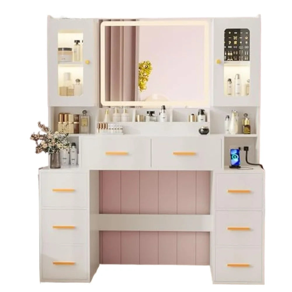 Vanity Desk with Mirror & Lights, 8 Drawers, LED Storage Cabinet & Power Outlet