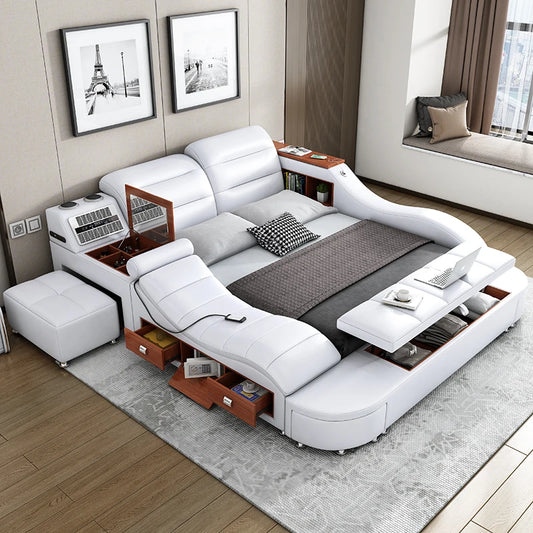 King Size Smart Bed - White Wood, Storage, Modern Nordic Design