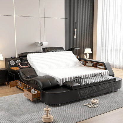 Genuine Leather Multifunctional Bed - Massage, Bluetooth, Projector