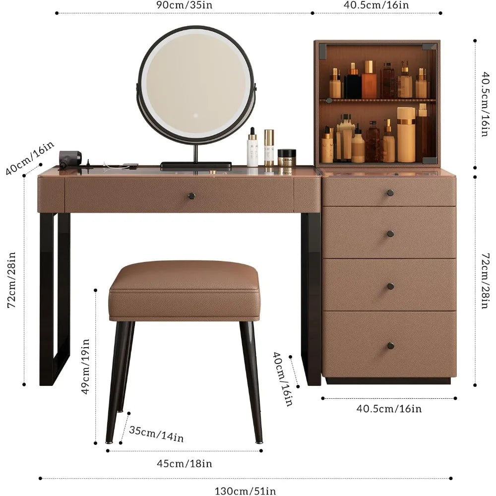 Premium Solid Wood Vanity Table Set with Multi-Plug Outlet, HD Smart Mirror & Side Drawers