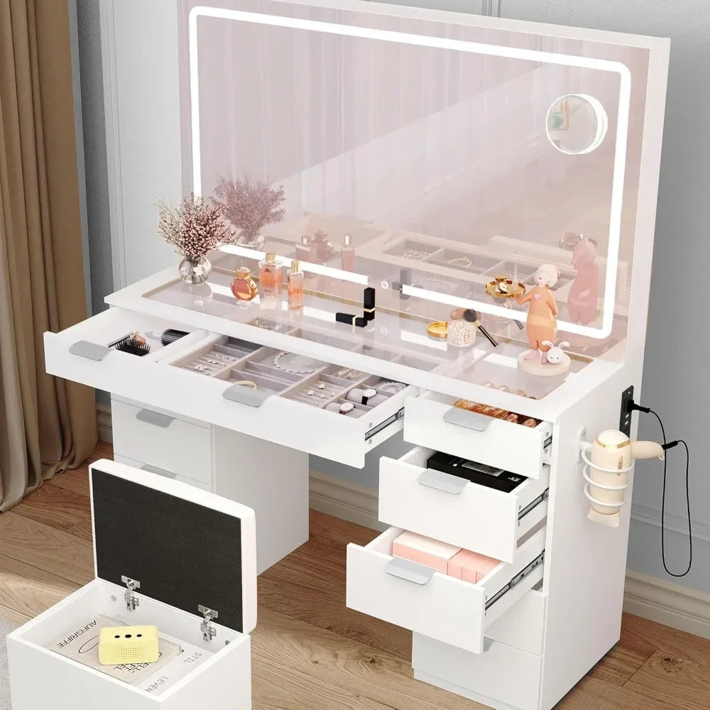 Makeup Vanity Desk Set with LED Mirror, Glass Top, 11 Drawers & Power Strip