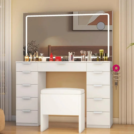 Vanity Desk Set with LED Lighted Mirror, Power Outlet, 11 Drawers, Magnifying Glass & Storage Bench