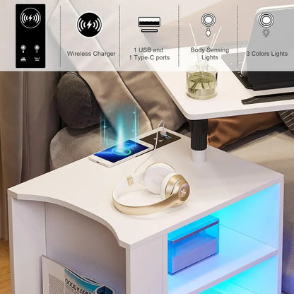 LED Nightstand: White with Wireless Charging, Adjustable Rotary Table