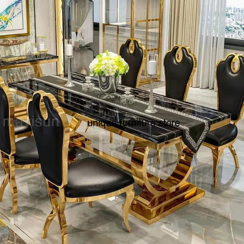 Light Luxury Kitchen Table: Marble Rectangle, Gold-Plated Stainless Steel Frame, Hotel Dining Set