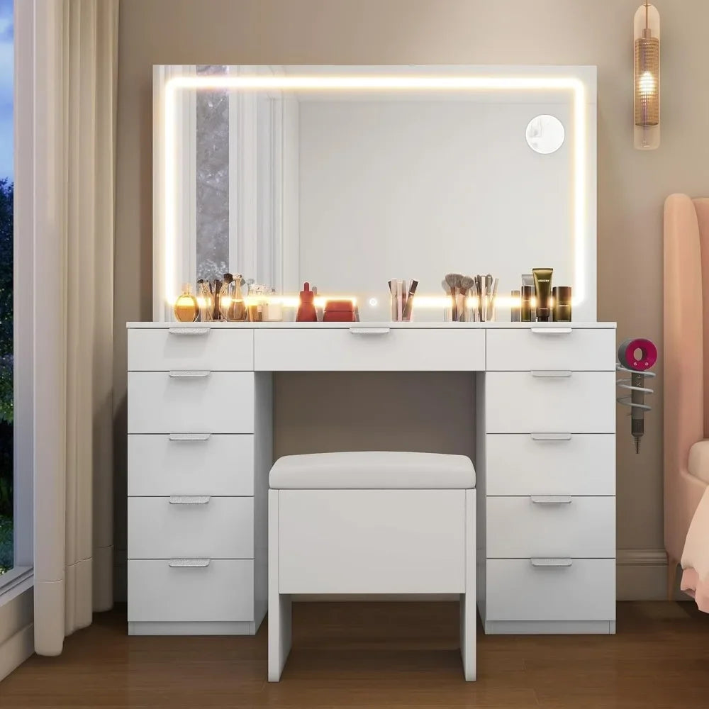 Makeup Vanity Desk Set with LED Mirror, Glass Top, 11 Drawers & Power Strip