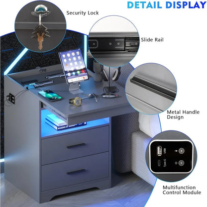 LED Nightstand with Gun Drawer, Charging Station & Dimmable Light