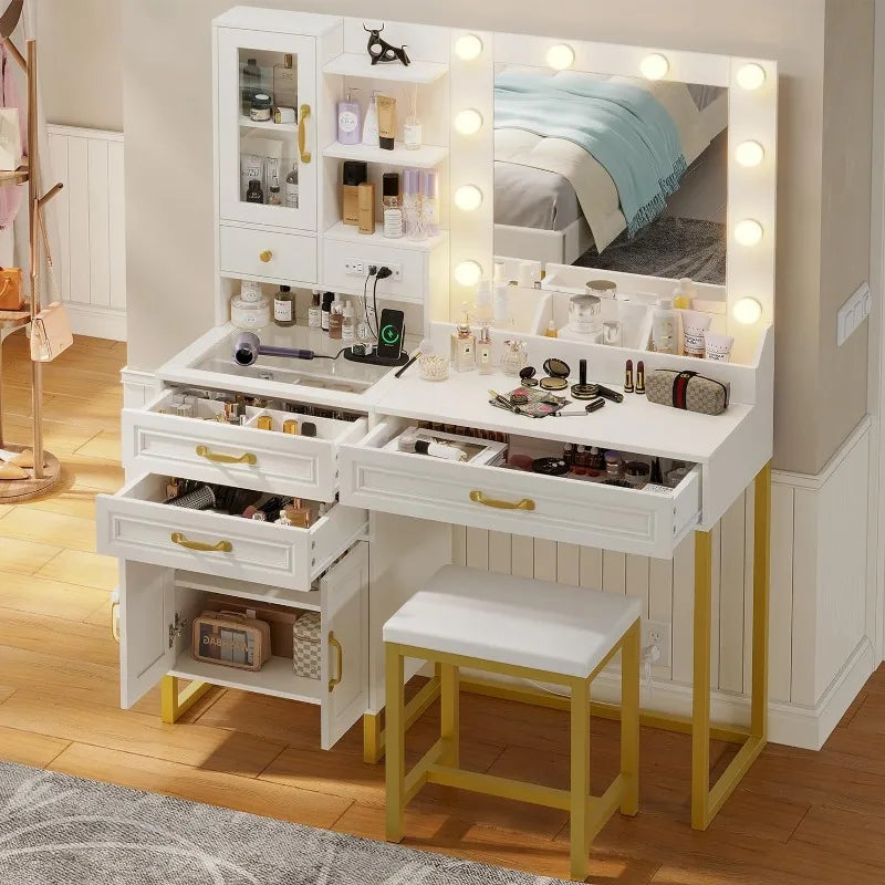 Makeup Vanity Desk with Mirror, Lights, Stool, Glass Top & Charging Station