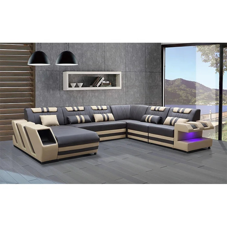 Luxury Genuine Leather Reclining Sleeper Sofa with Wooden Frame & Embroidery