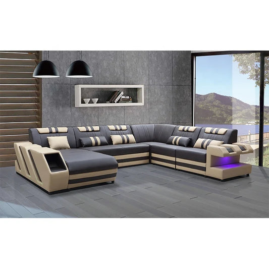 Luxury Genuine Leather Reclining Sleeper Sofa with Wooden Frame & Embroidery