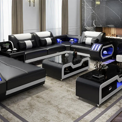 Modern Luxury Leather Sectional Sofa Set - Smart LED Living Room Couch