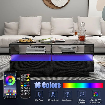 Modern LED Coffee Table: 2-Tier Black, High Gloss, 2 Storage Drawers, 60,000-Color LED Lights, App Control