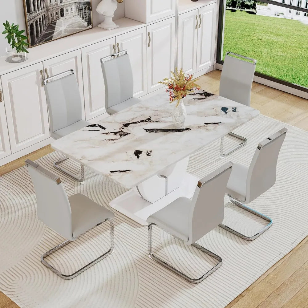 Modern Dining Table Set for 6: Faux Marble Top, 6 PU Leather Chairs, Ideal for Dining Room or Kitchen