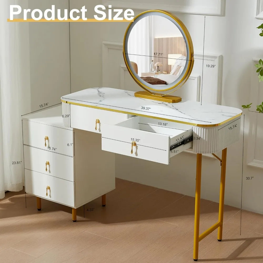 Dressing Table with Circular Mirror, 5 Drawers & 3 Lighting Modes