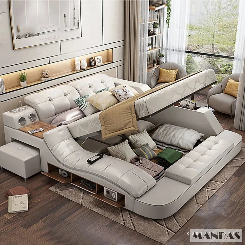 Luxury King Size Smart Bed with Genuine Leather & Massage
