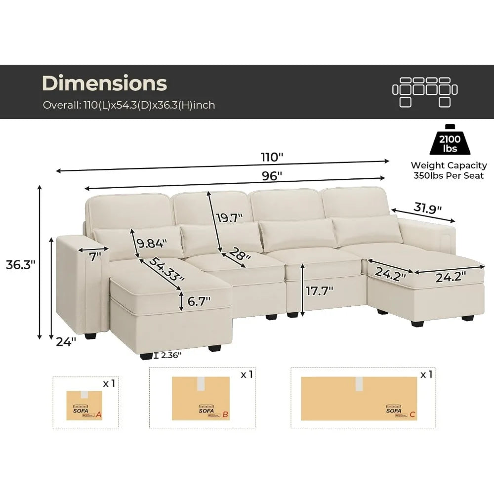 6-Seater U-Shaped Convertible Sofa - Beige with Chaise & Storage