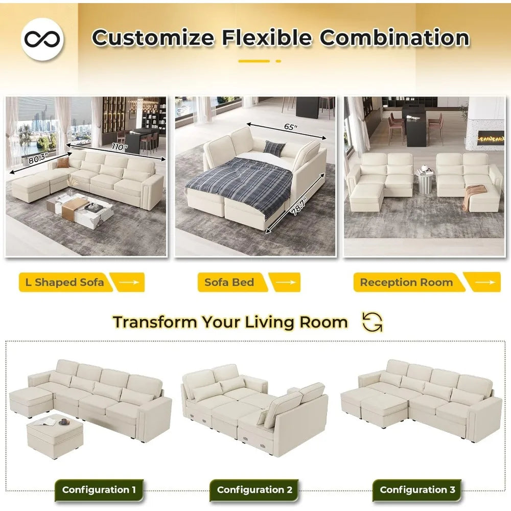 6-Seater U-Shaped Convertible Sofa - Beige with Chaise & Storage