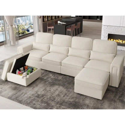 6-Seater U-Shaped Convertible Sofa - Beige with Chaise & Storage