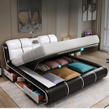 Modern Smart Leather Bed - Multifunctional Storage & Audio