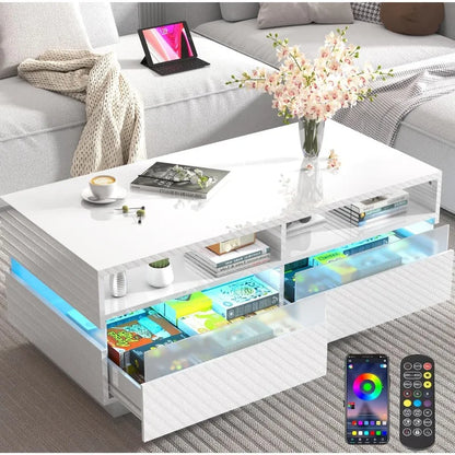 Modern LED Coffee Table: 2-Tier Black, High Gloss, 2 Storage Drawers, 60,000-Color LED Lights, App Control