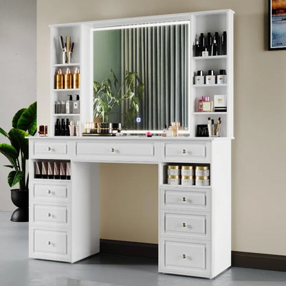 Extra Large Vanity Desk with Lighted Mirror & 9 Drawers, European Style