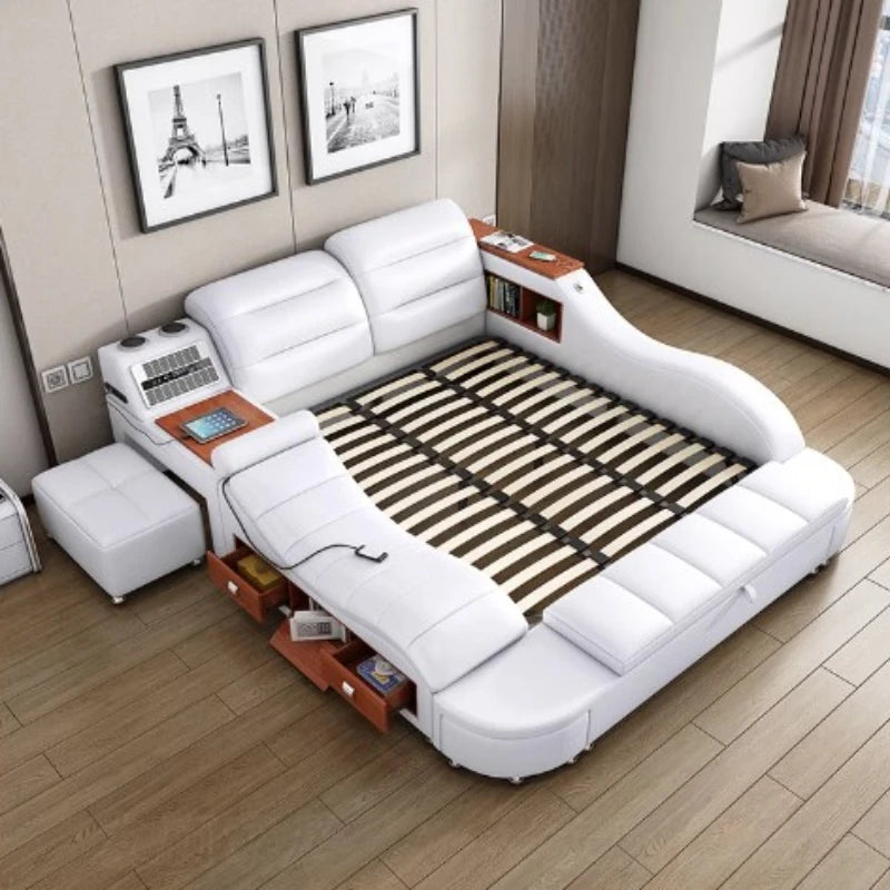 King Size Smart Bed - White Wood, Storage, Modern Nordic Design