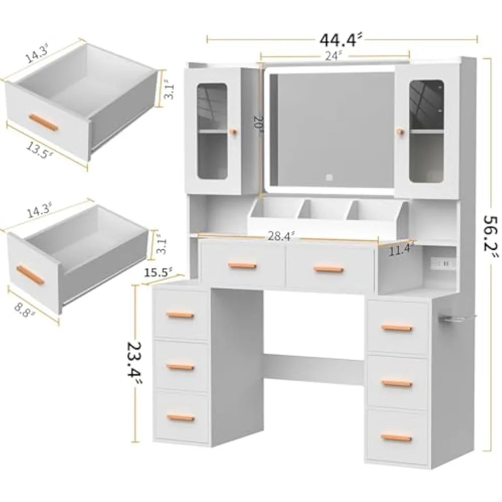 Vanity Desk with Mirror & Lights, 8 Drawers, LED Storage Cabinet & Power Outlet