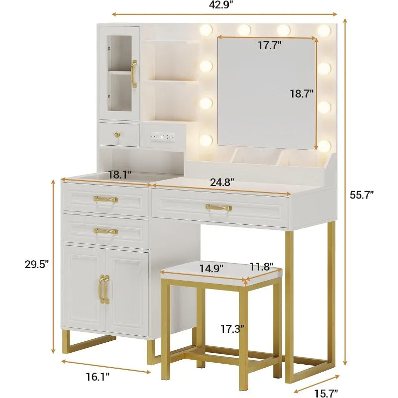 Makeup Vanity Desk with Mirror, Lights, Charging Station & Stool