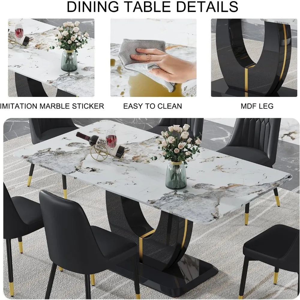 White Marble Dining Table Set for 6: Glass Top, Black PU Leather Upholstered Chairs