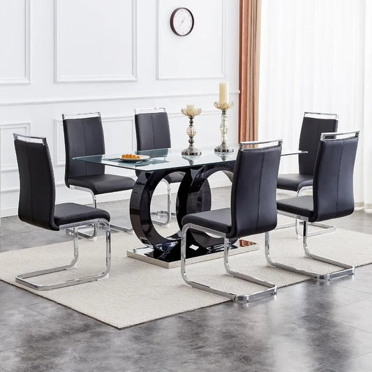 Glass Dining Table Set for 6: 7-Piece, Tempered Glass Top, Modern with 6 PU Leather Chairs