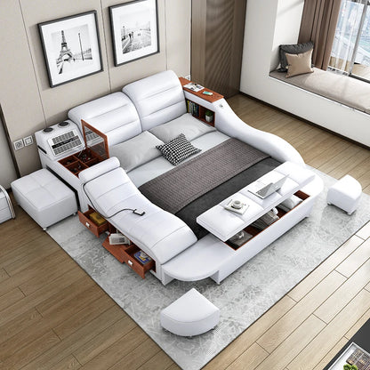 King Size Smart Bed - White Wood, Storage, Modern Nordic Design