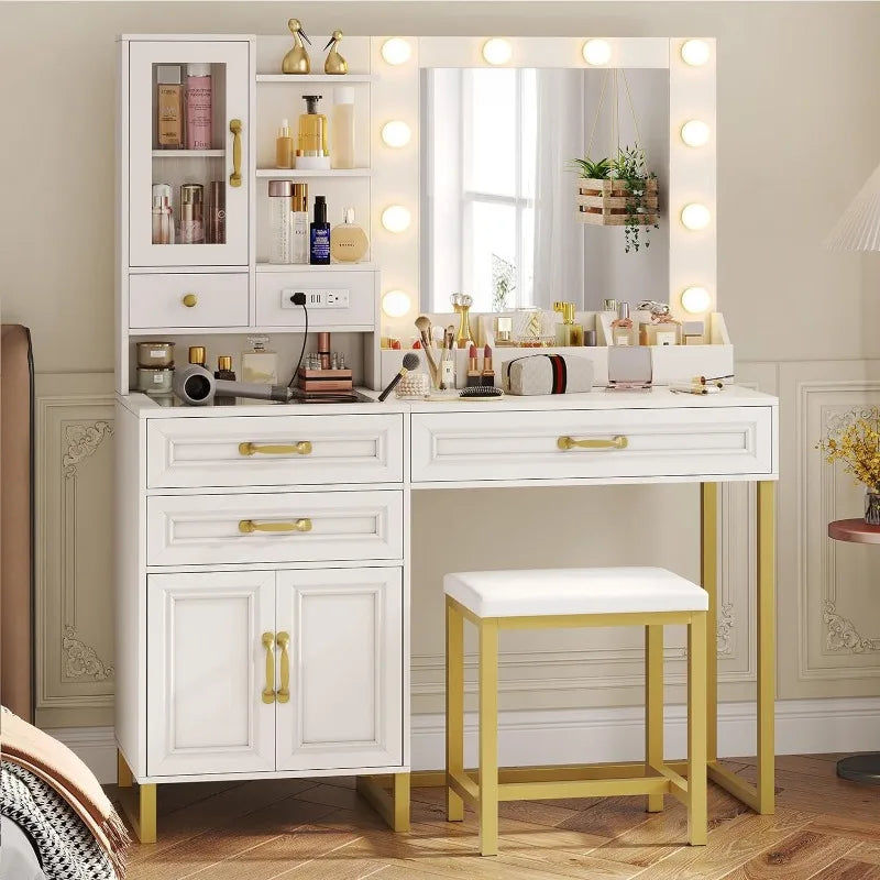 Makeup Vanity Desk with Mirror, Lights, Charging Station & Stool