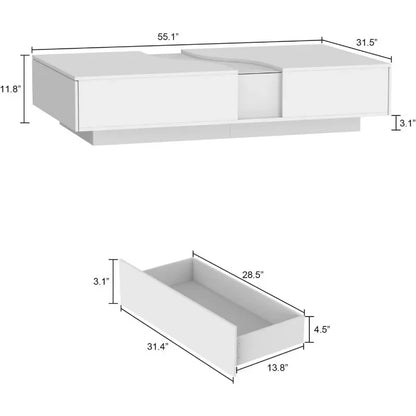 Modern Coffee Table: Glass Top, Lights, 2 Drawers, White, with Storage for Living Room