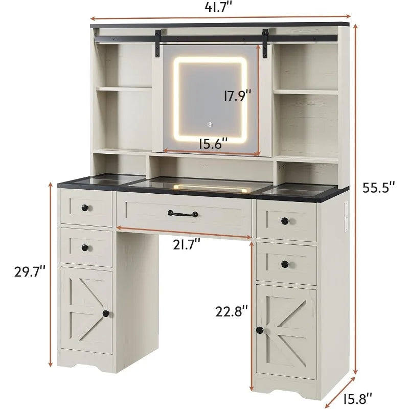 Farmhouse Vanity Desk with Sliding Mirror, Lights, Glass Top & Charging Station