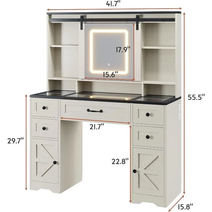 Farmhouse Vanity Desk with Sliding Mirror, Lights, Glass Top & Charging Station