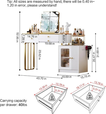 Vanity Table with Retractable Makeup Mirror, LED Light, 2 Drawers, Cabinet & Shelf