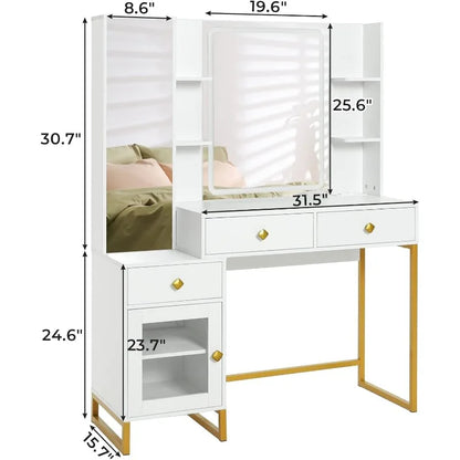 Makeup Vanity Desk with Lighted Mirror, Lights, Charging Station & RGB Cabinet