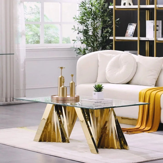 Clear Glass Coffee Table: Rectangle with Gold Stainless Steel Base