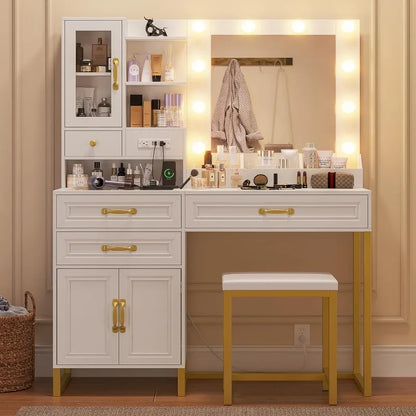 Makeup Vanity Desk with Mirror, Lights, Stool, Glass Top & Charging Station