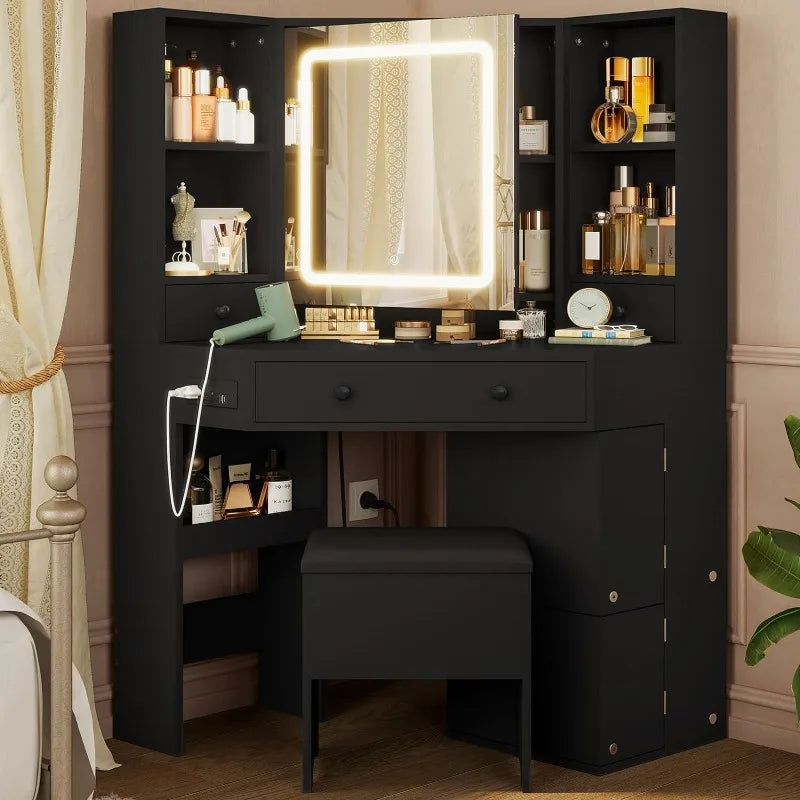 Corner Vanity Desk with Mirror, Lights, Rotating Shelves & Charging Station