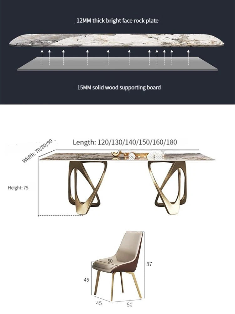 Rock Plate Dining Table Set: 6 Chairs, Gold, Luxury Modern Sintered Stone