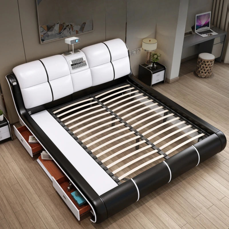 Modern Smart Leather Bed - Multifunctional Storage & Audio