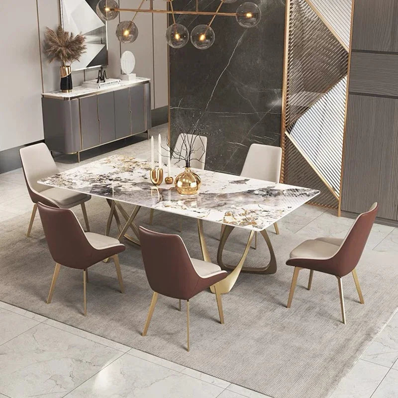 Rock Plate Dining Table Set: 6 Chairs, Gold, Luxury Modern Sintered Stone