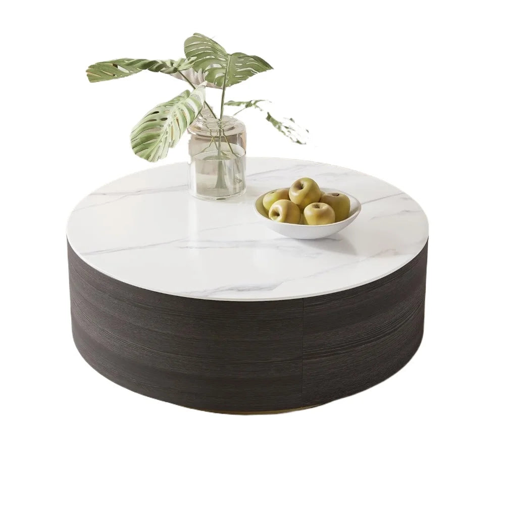 Black Marble Coffee Table: Round, with Drawers, Fully Assembled